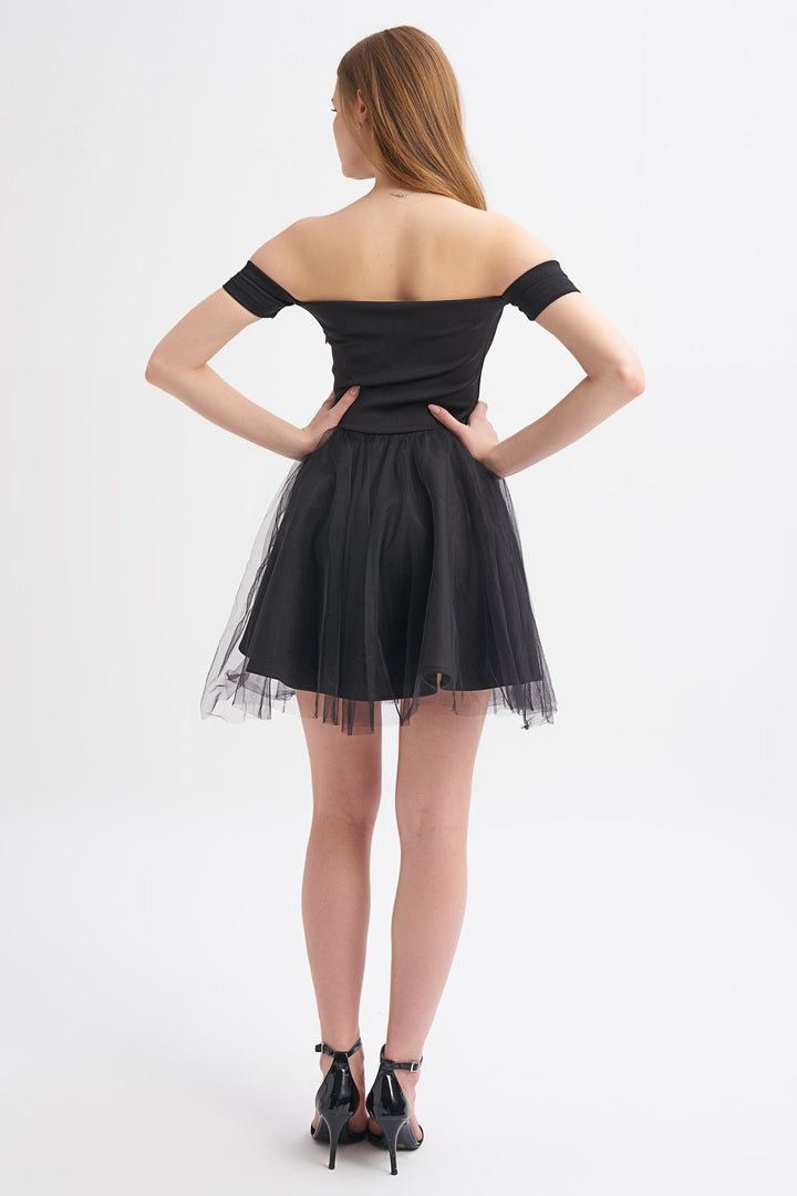 Tül Etek Askılı Mini Elbise Siyah