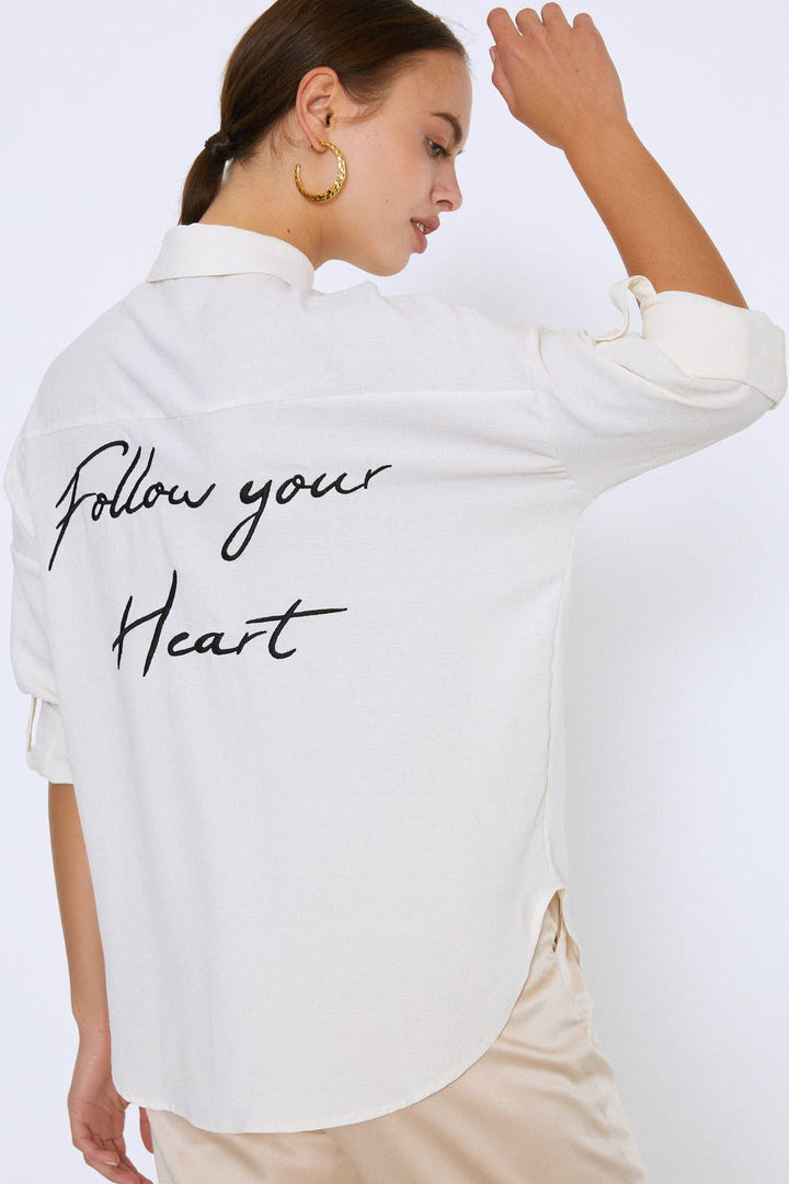 Embroidered Back Three Quarter Sleeve Shirt Ecru