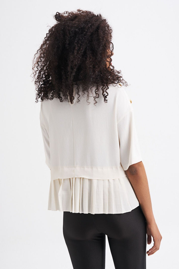 Button Accessory Embroidered Frilly Blouse Ecru