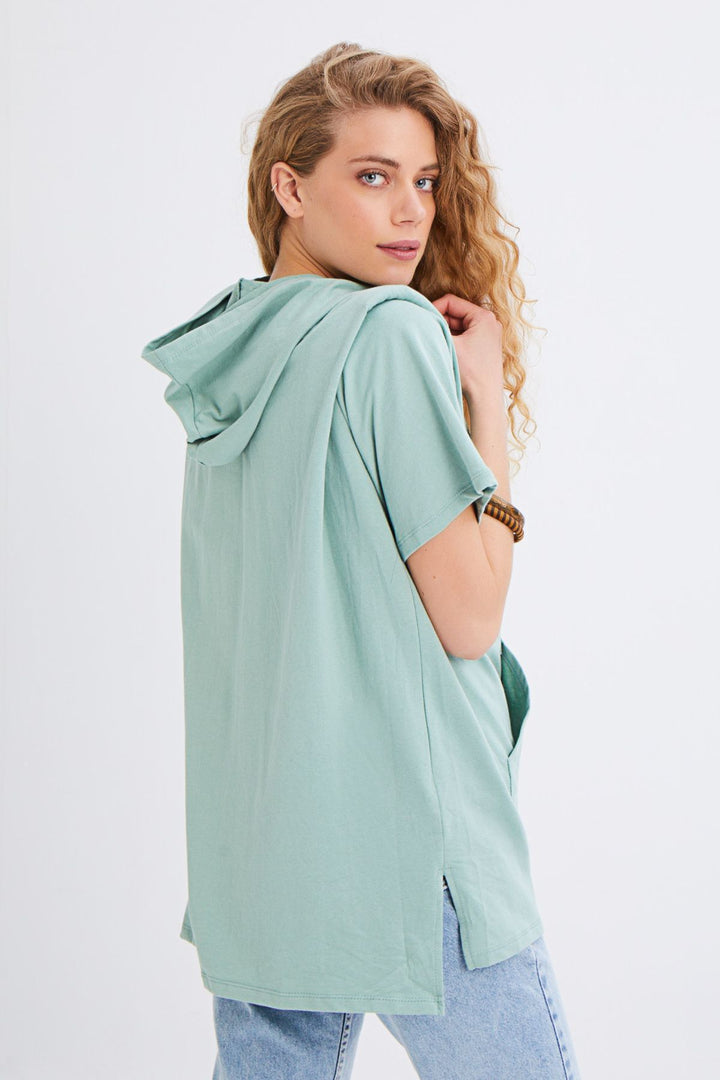 Hooded Kangaroo Pocket Long Sweatshirt Mint
