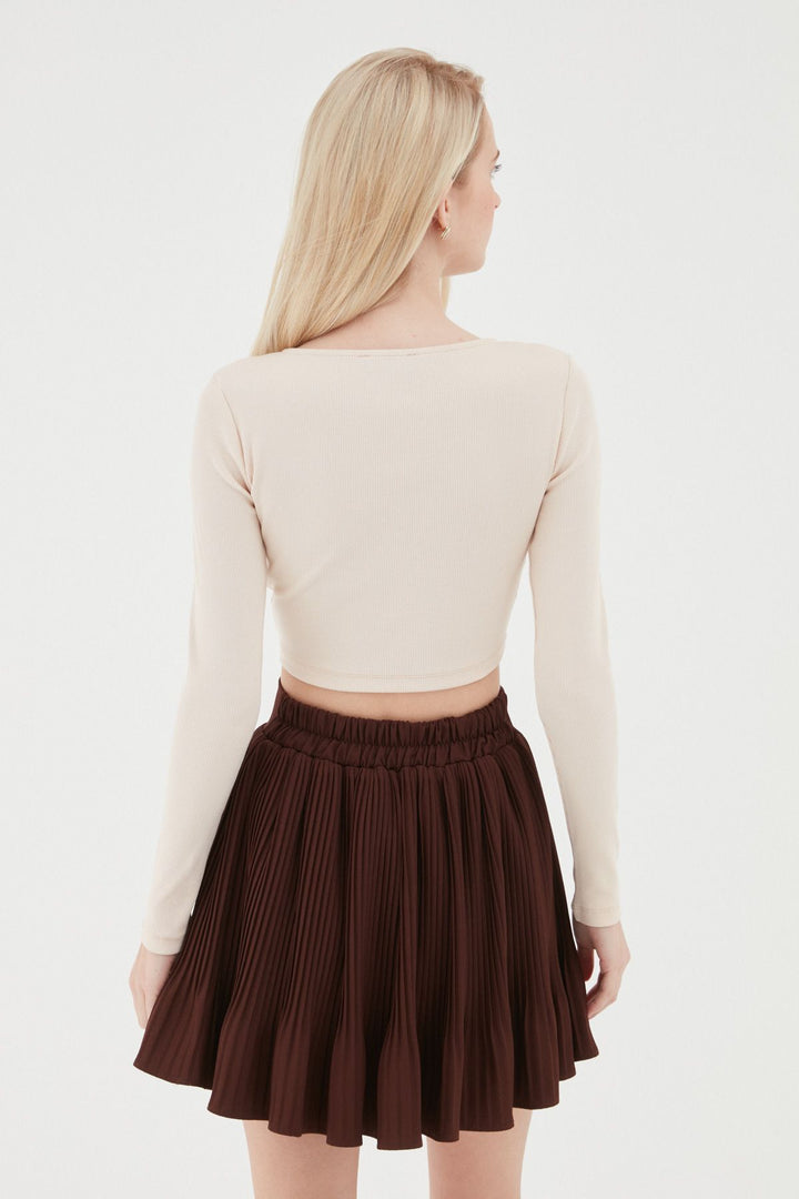Büzgü Detaylı Crop Bluz Pudra