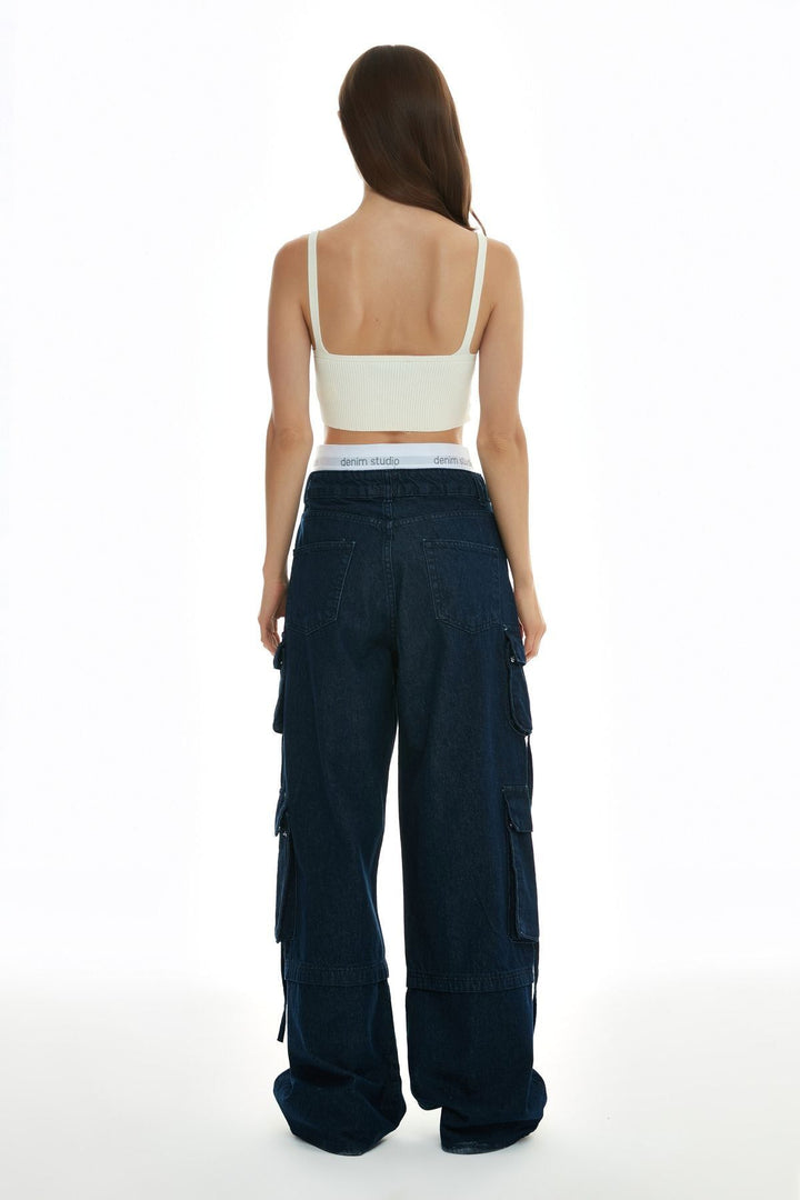 Elastic Detailed Cargo Jeans Blue