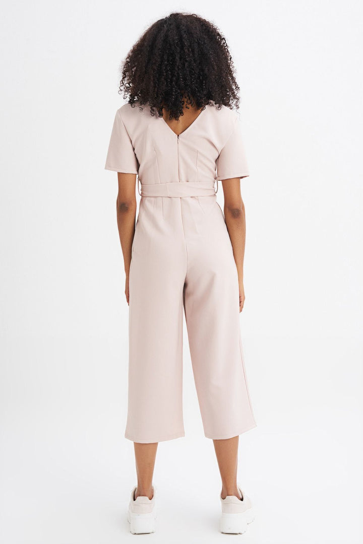 Kruvaze Beli Kuşaklı Tulum Bej