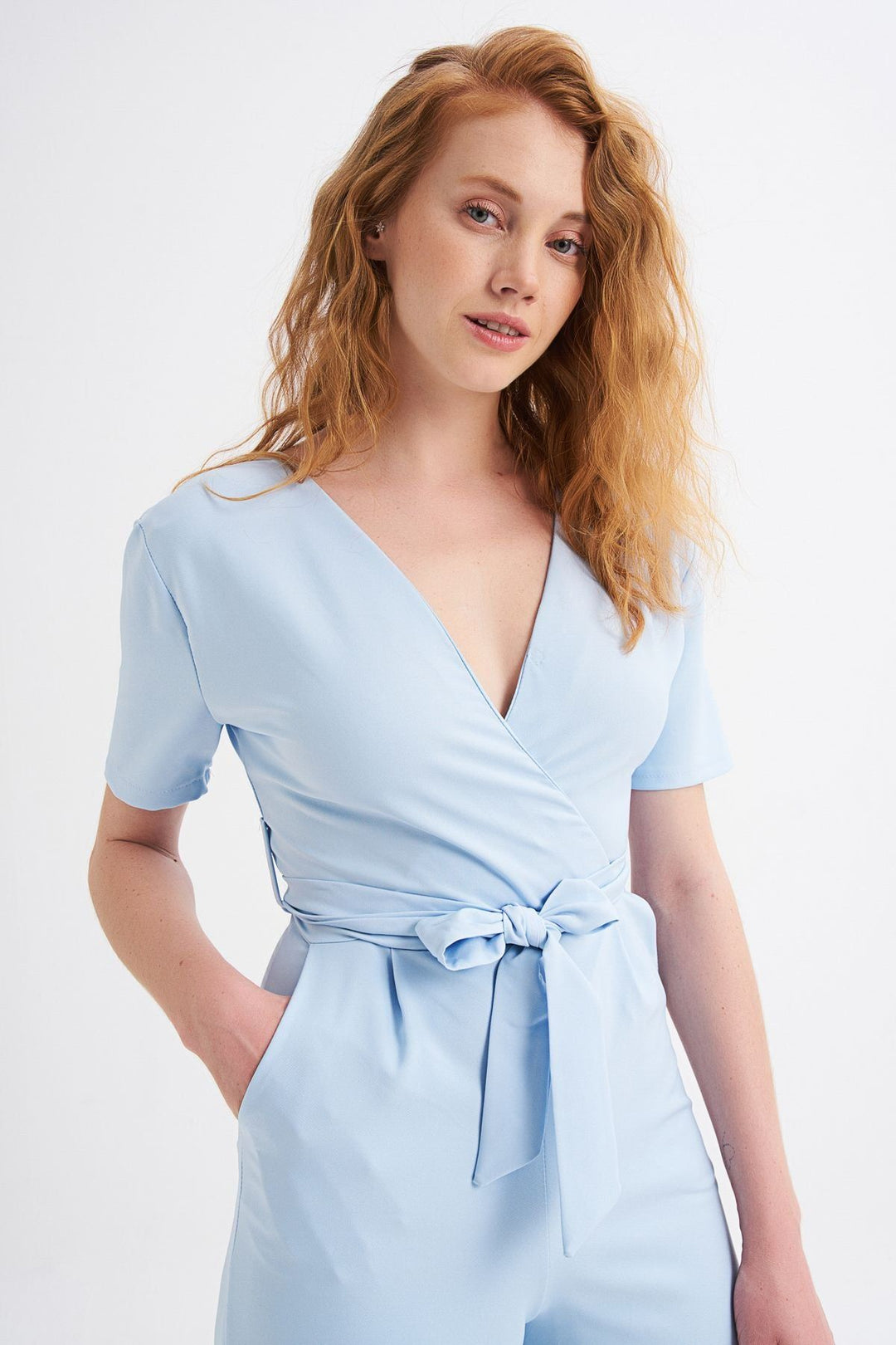 Kruvaze Beli Kuşaklı Tulum Bebe Mavi