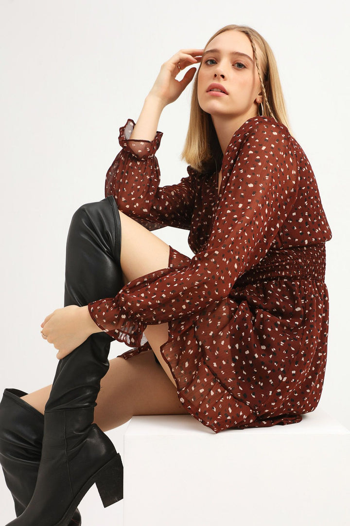 Patterned V-Neck Gipe Dress Dark Brown