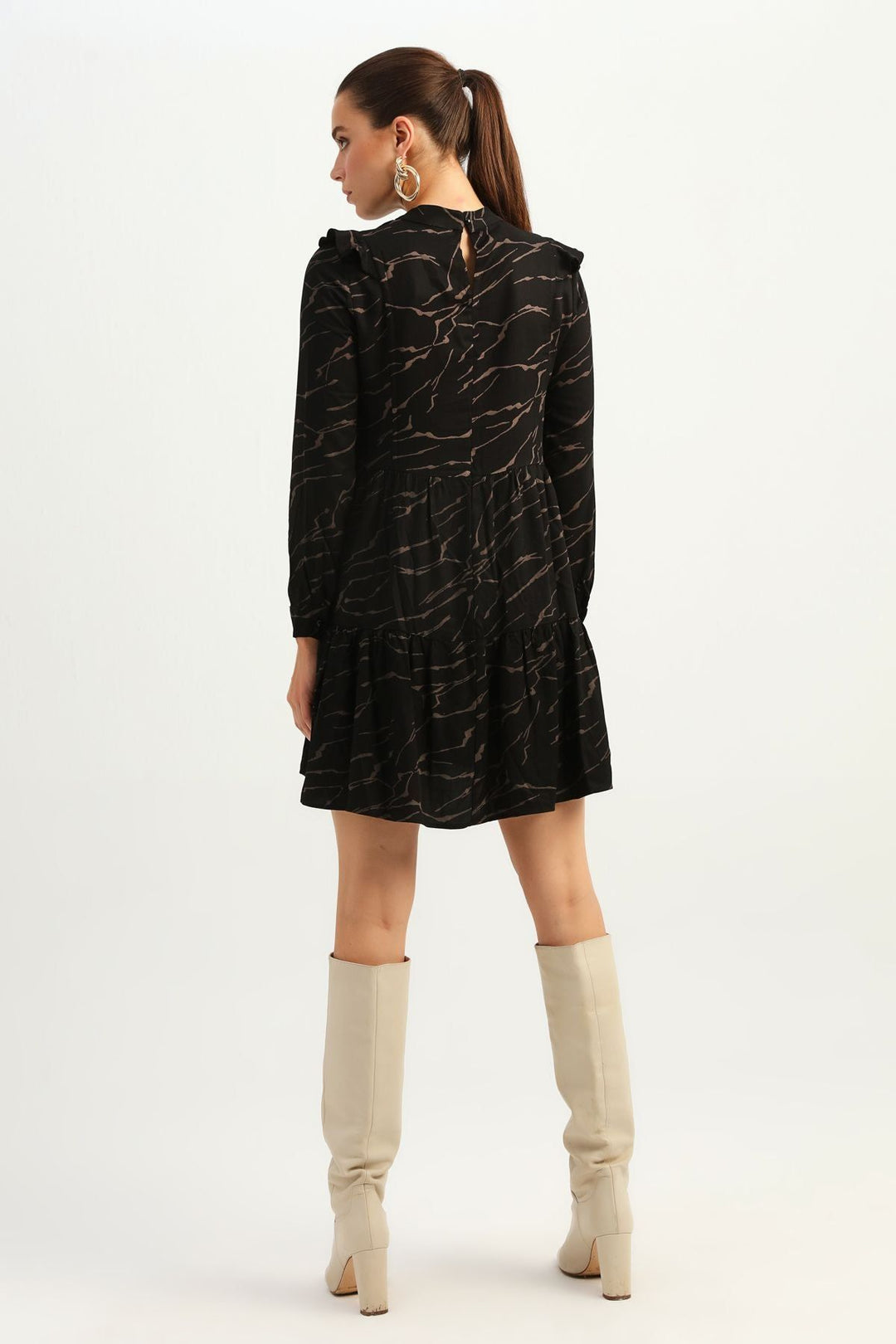 Patterned Ruffle Midi Dress Black