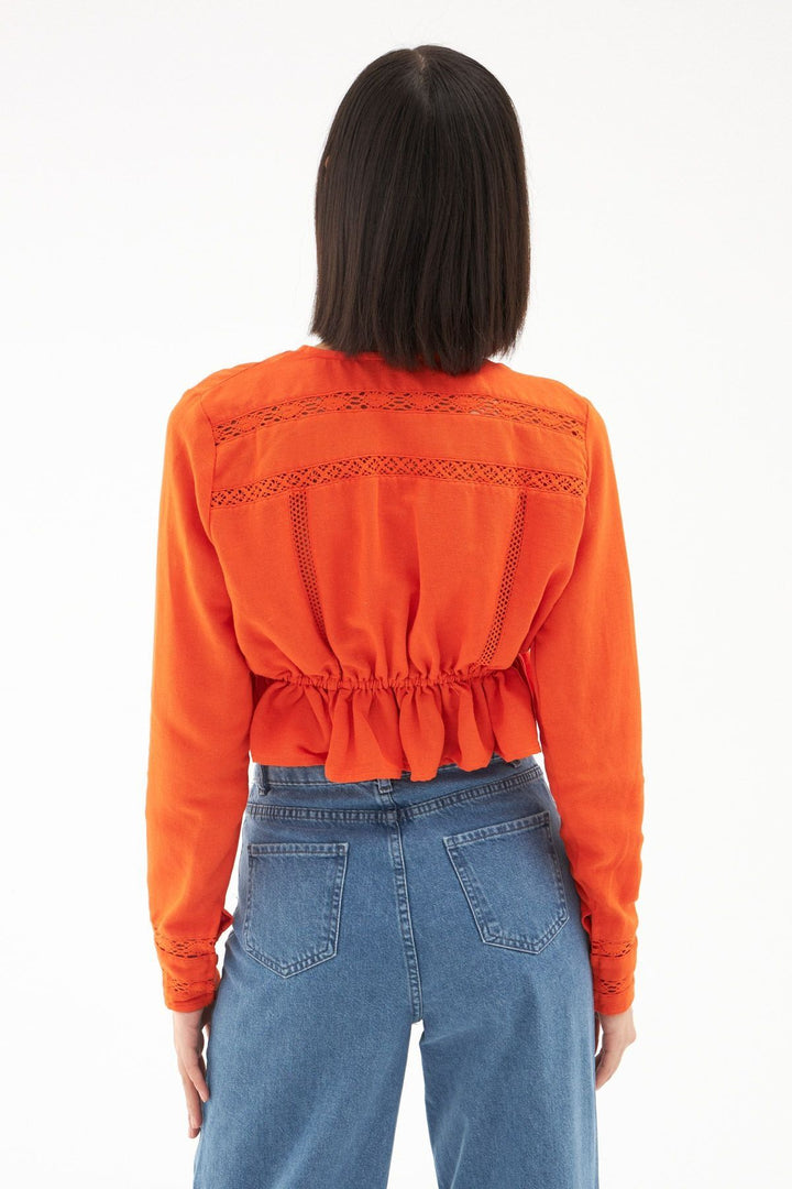 Pleated Waist V Neck Linen Blouse Orange