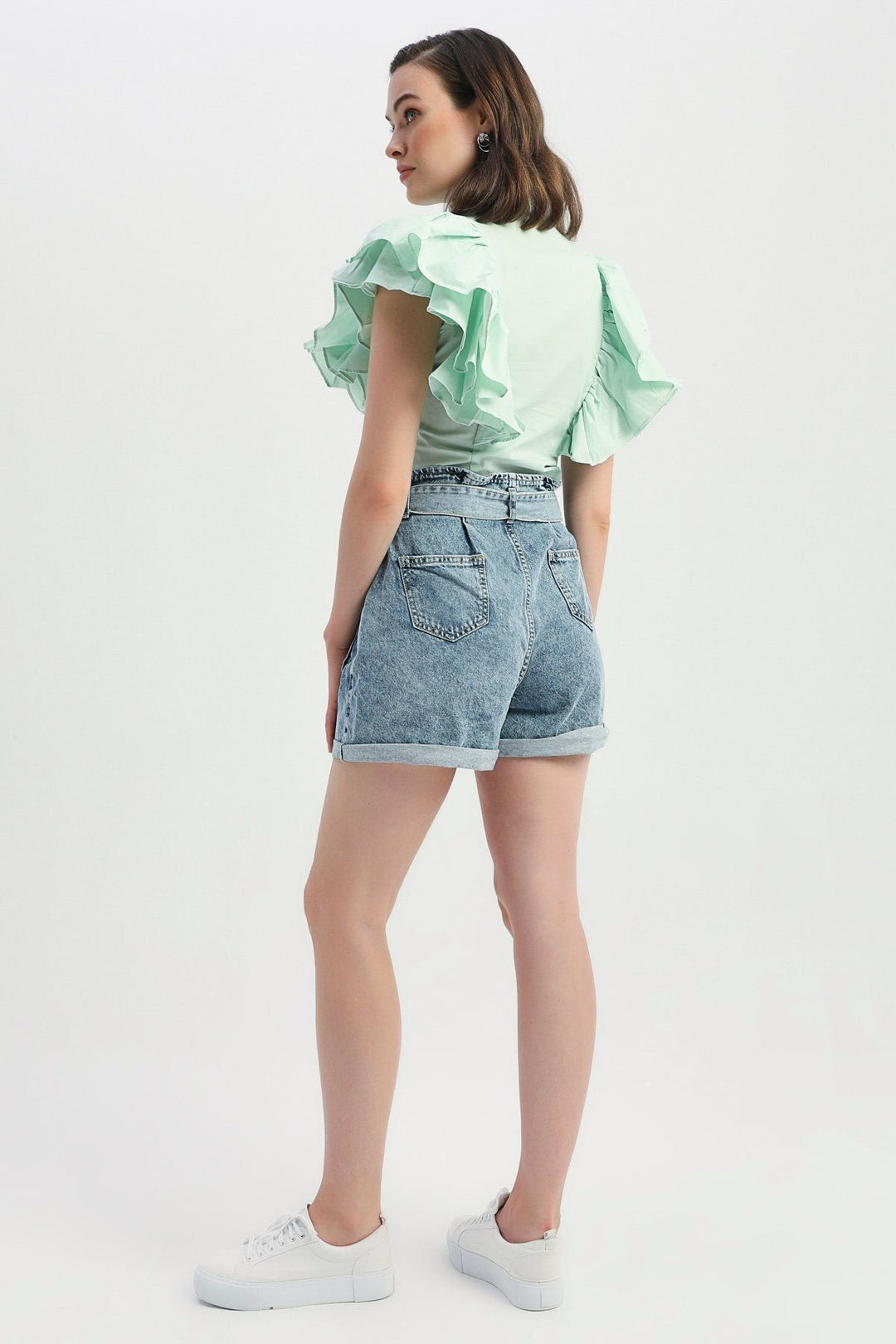 Belted High Waist Denim Shorts Light Blue