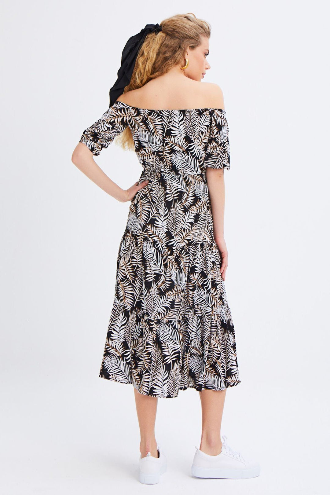 Patterned Off Shoulder Dress Black