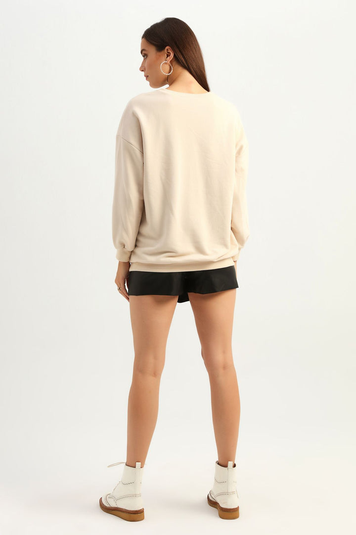 Yazı Baskılı Sweatshirt Bej