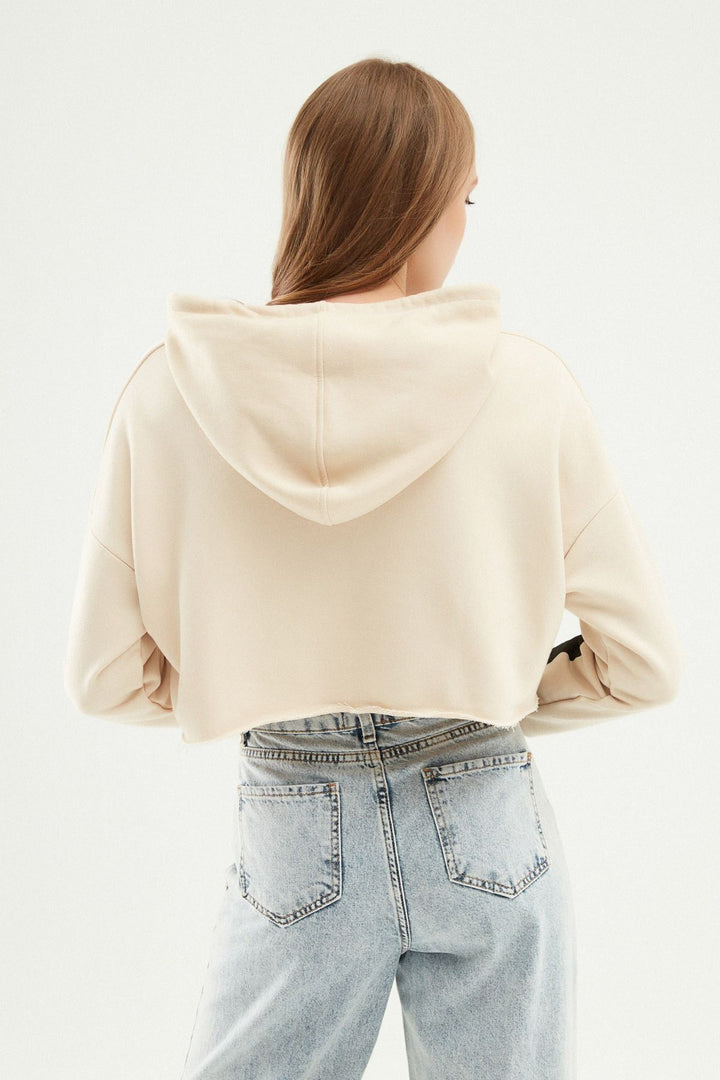 Baskılı Crop Sweatshirt Bej