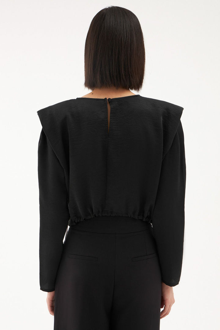 Waist Pleated Waistband Blouse Black