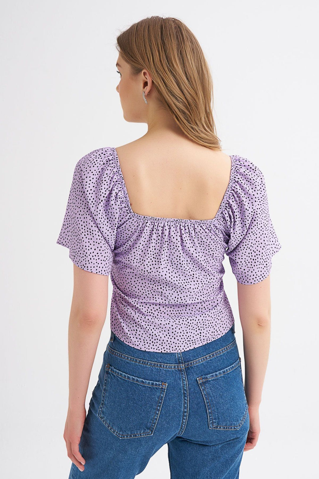 Button Detailed Polka Dot Volante Sleeve Blouse Lilac