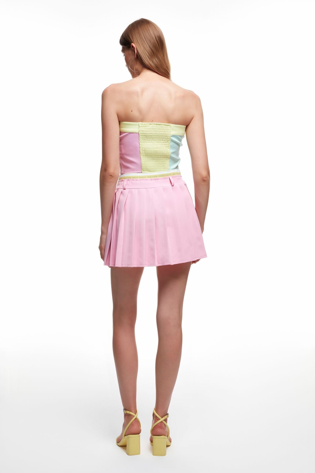 Elastic Waist Pleated Skirt Pink