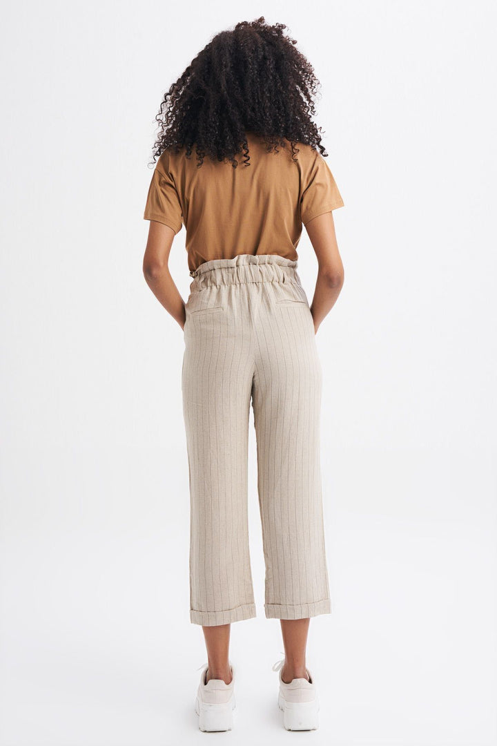 Hasır Kemerli Keten Pantolon Bej