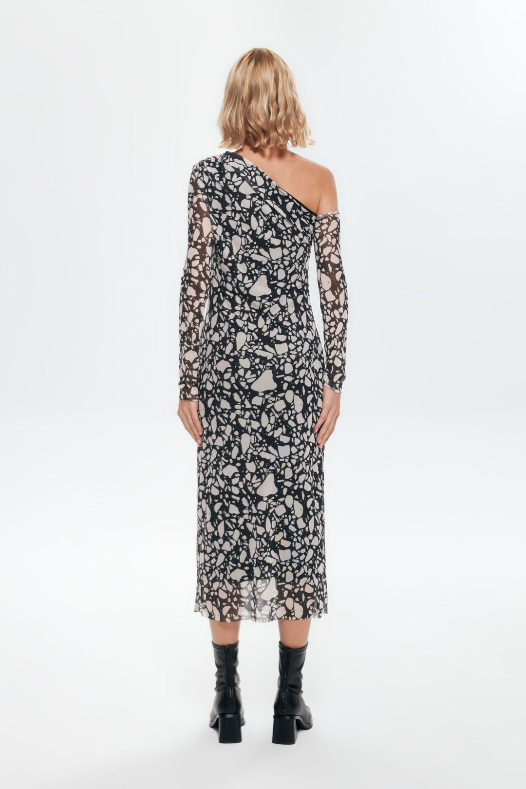 Geometrik Desenli Tül Midi Elbise Siyah