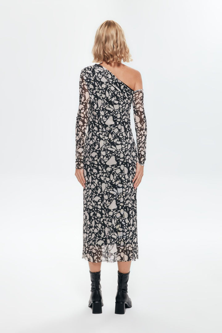 Geometrik Desenli Tül Midi Elbise Siyah