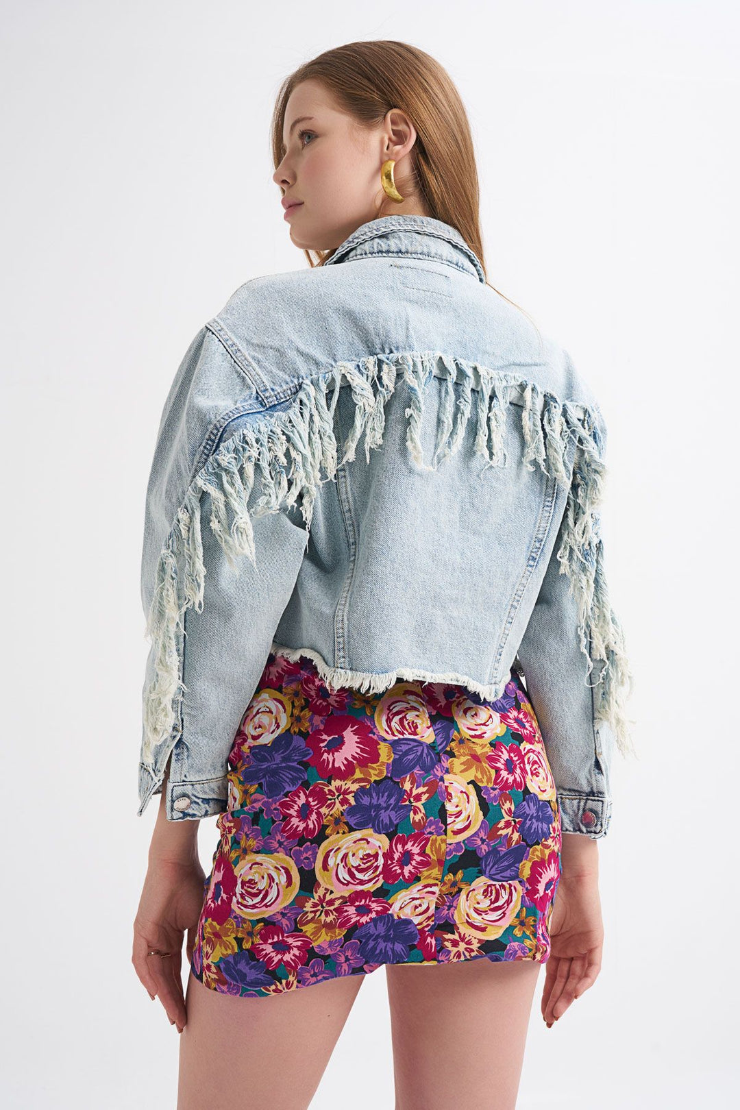 Tassel Detailed Denim Jacket on Sleeves Ice Blue