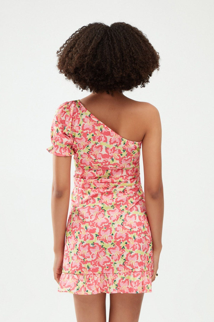 Floral One Shoulder Decollete Dress Pink