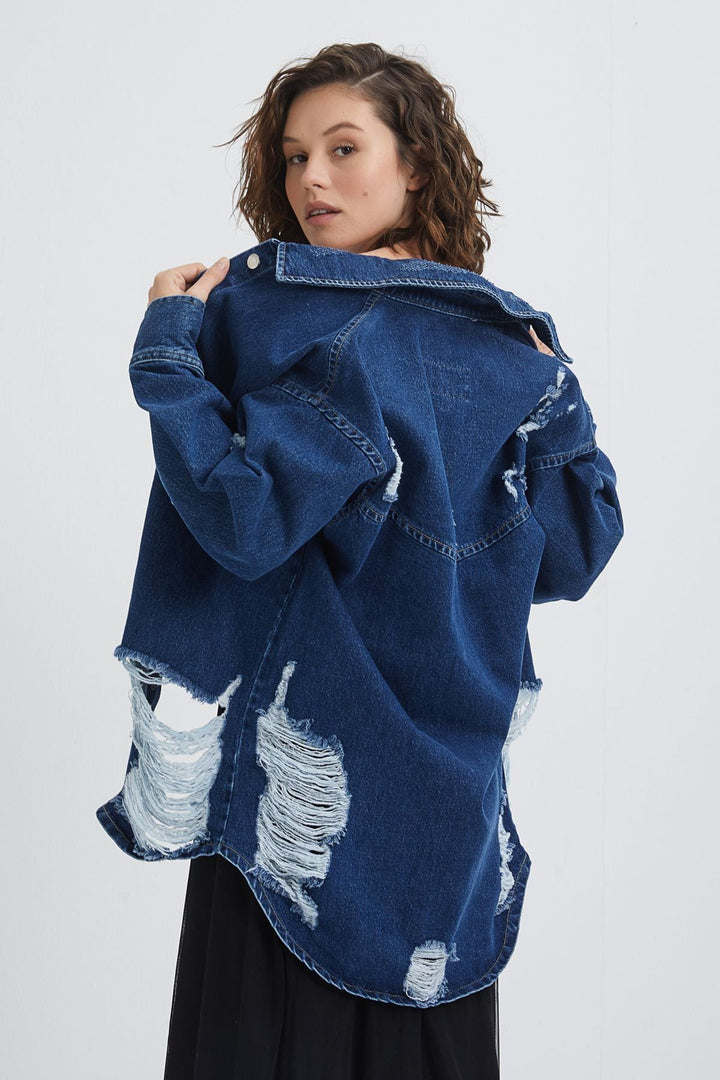 Kemer Detaylı Uzun Kot Ceket Mavi