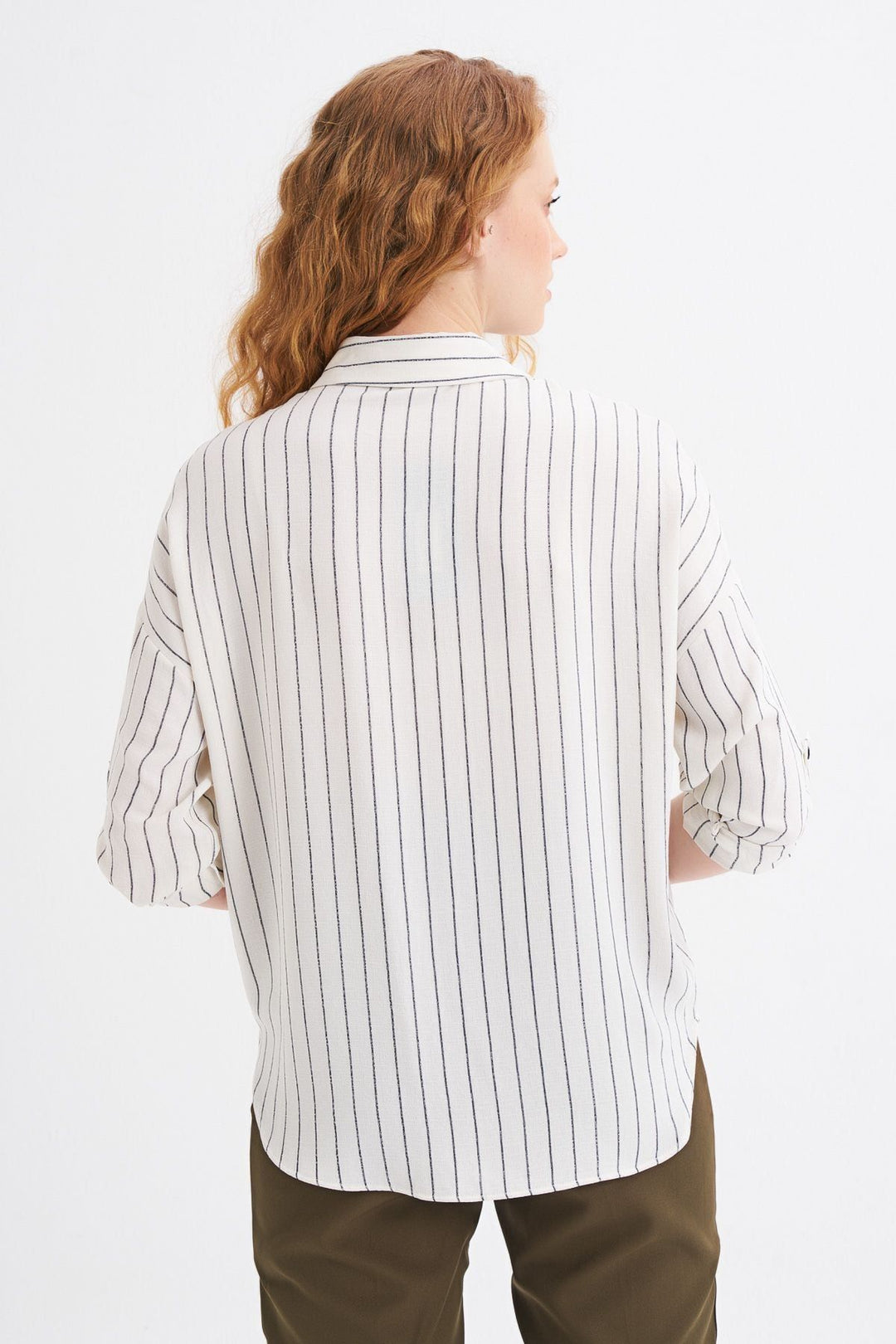 Nakış Detaylı Baskılı Çizgili Gömlek Ekru