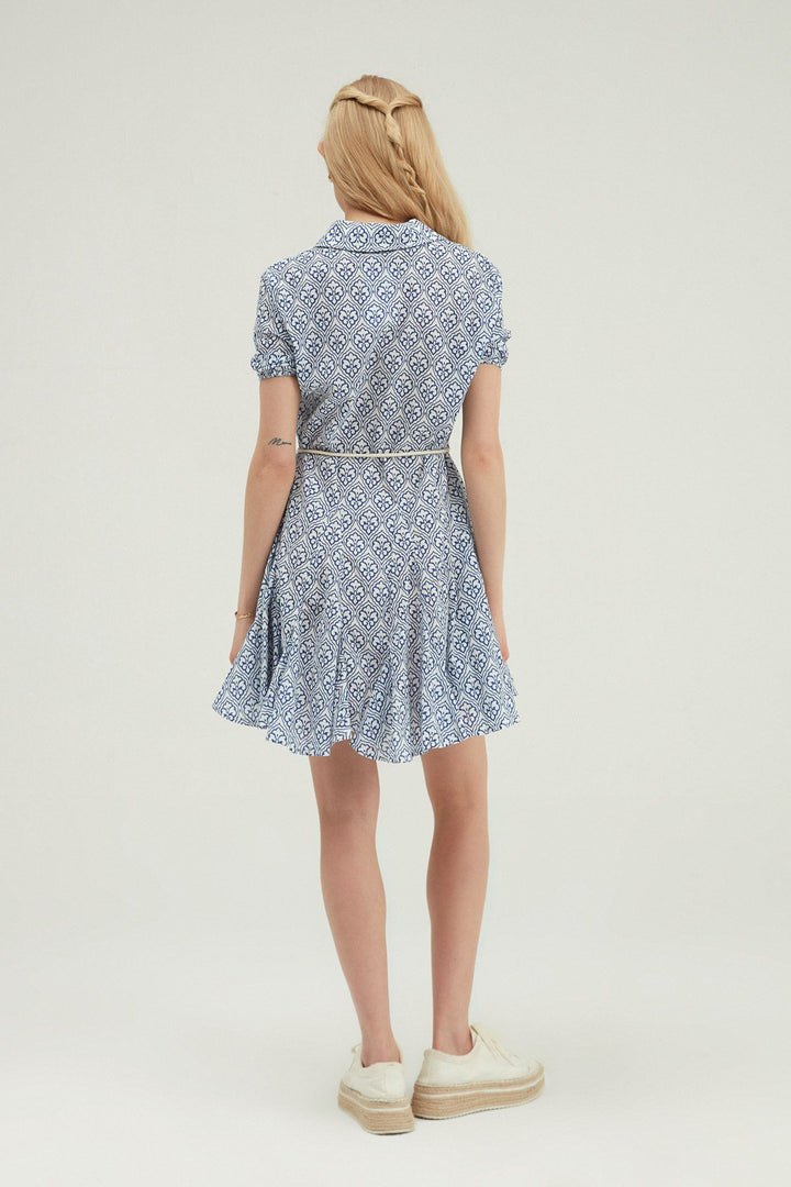 Gömlek Yaka Volanlı Mini Elbise Mavi