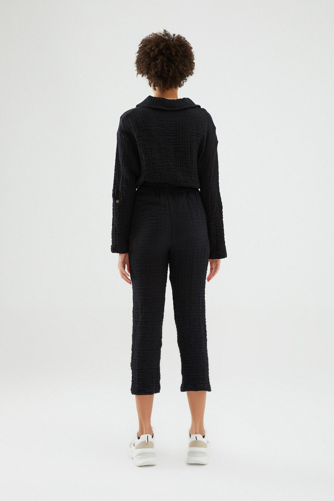 Elastic Waist Textured Trousers Black