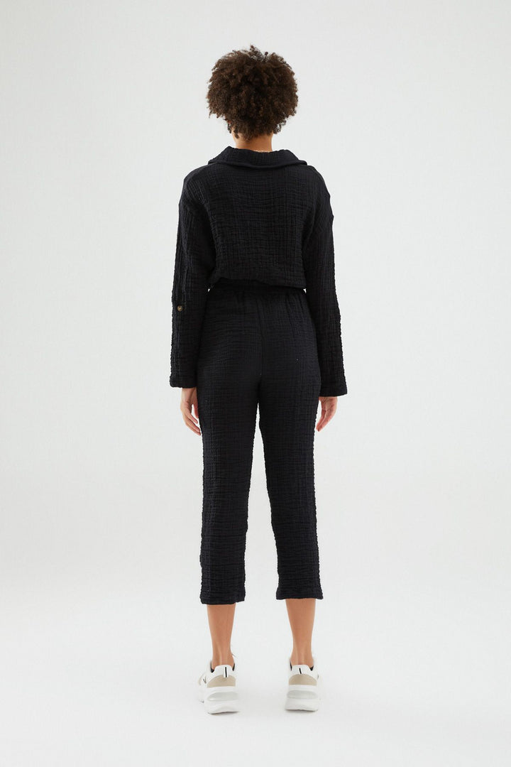 Elastic Waist Textured Trousers Black