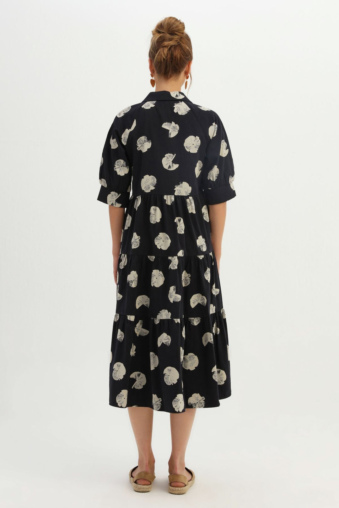 Patterned Shirt Collar Pocketed Dress Black