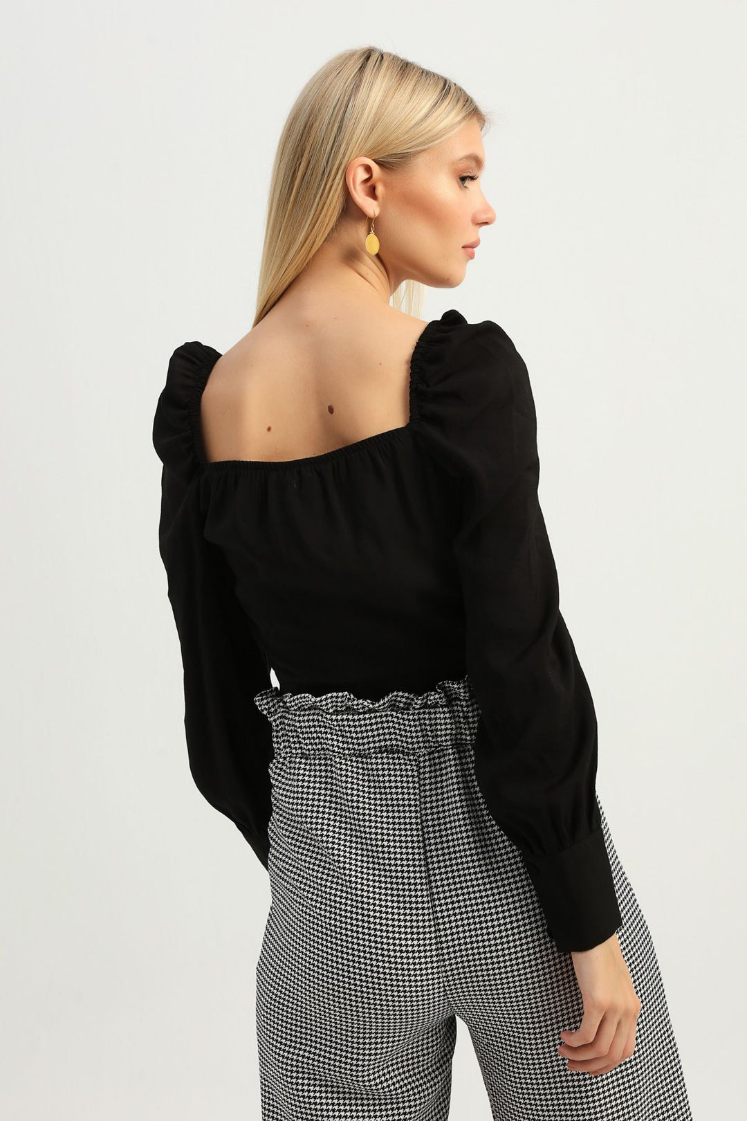 Balloon Sleeve Double Breasted Crop Blouse Black