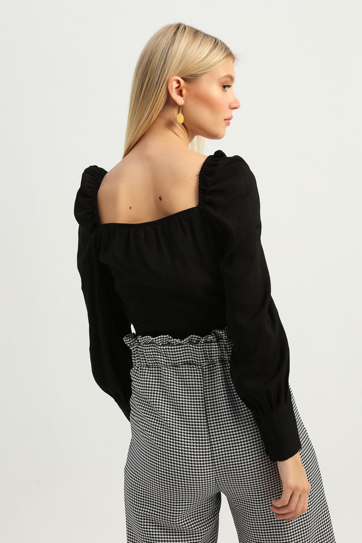 Balloon Sleeve Double Breasted Crop Blouse Black