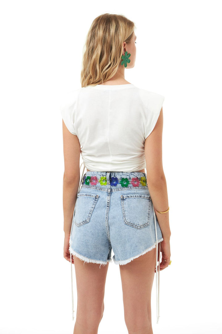 Vatkalı Büzgülü Tişört Ekru