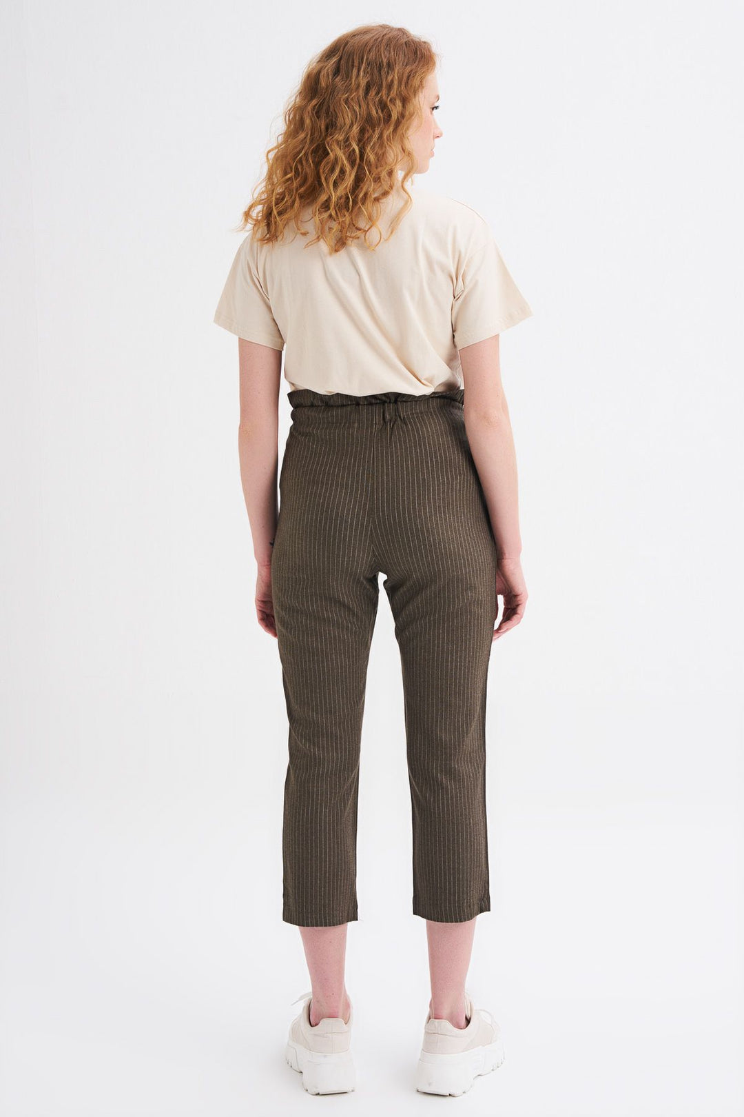Tie Waist Striped Trousers Khaki