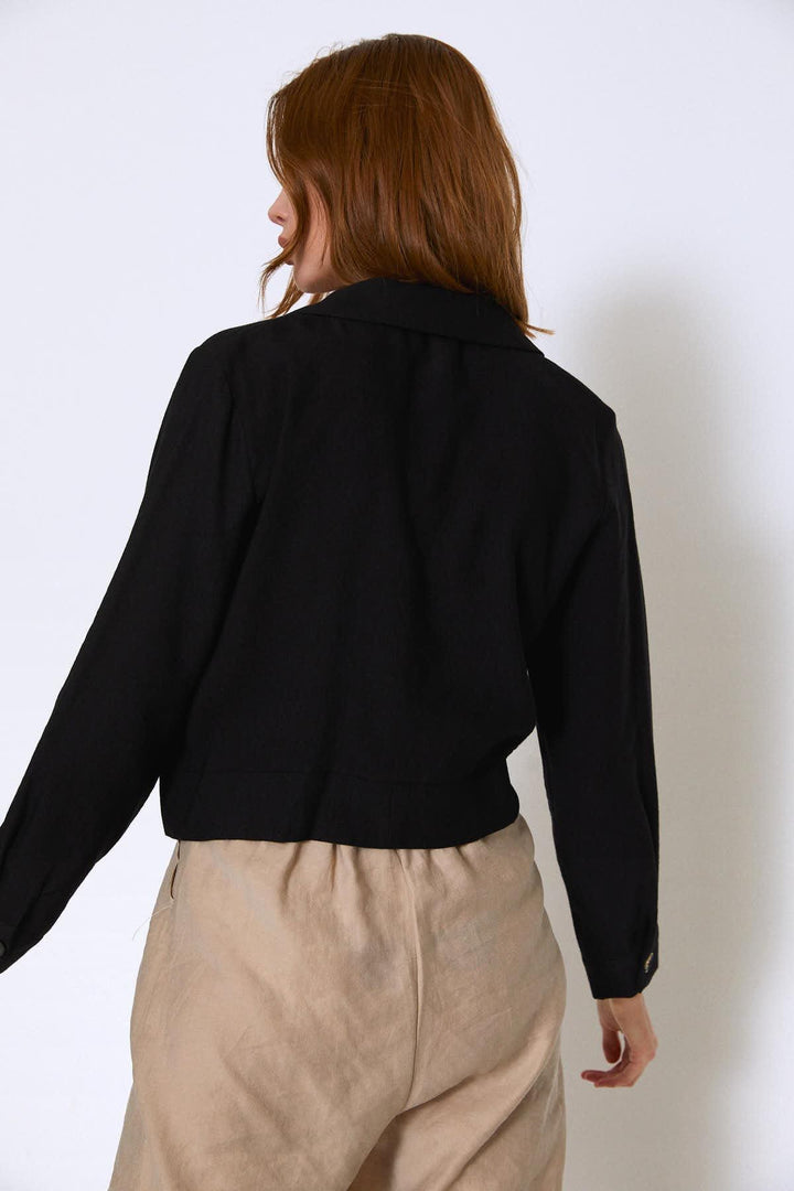 Tie Waist Pocket Long Sleeve Shirt Black