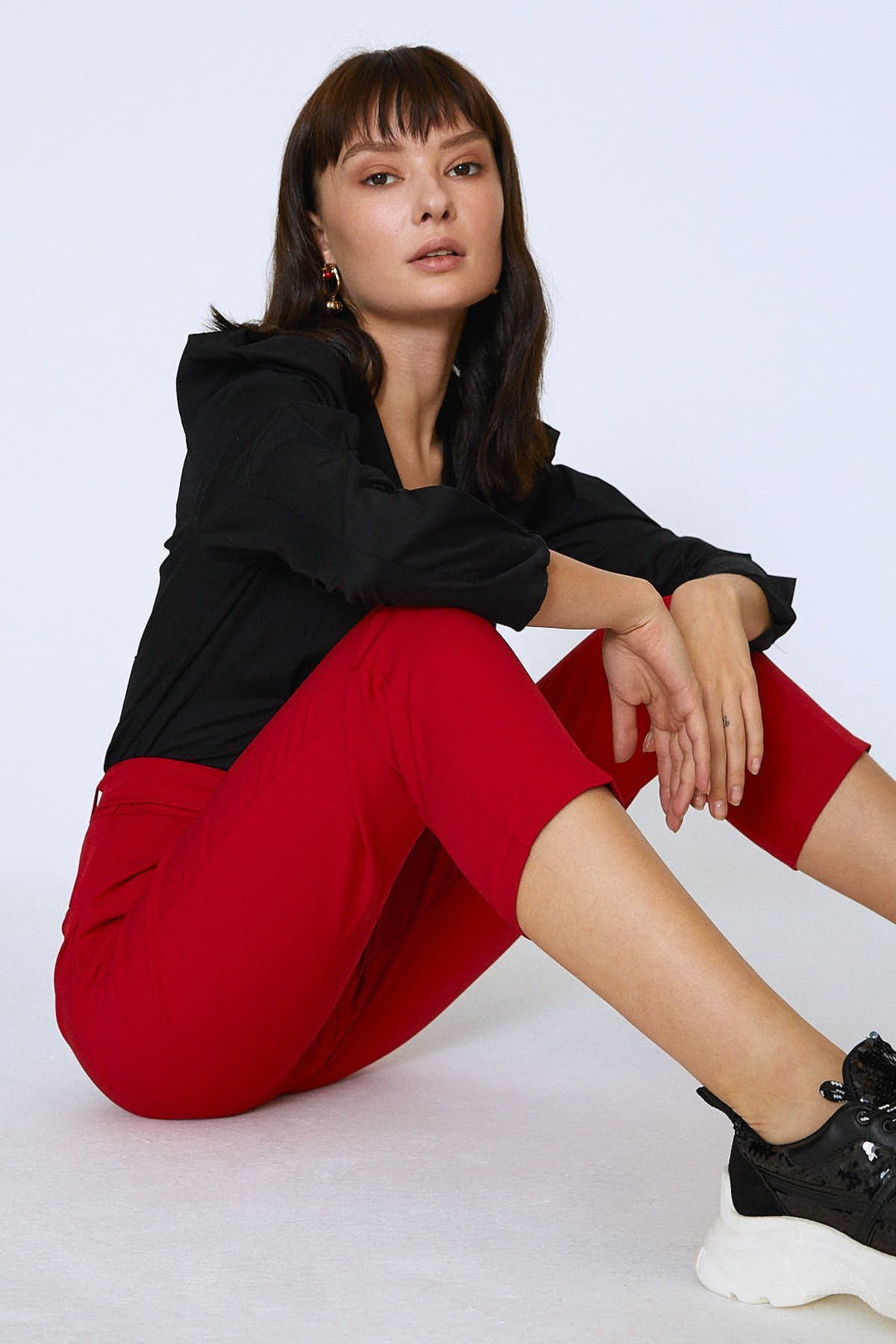 Waist Belted Fabric Trousers Red