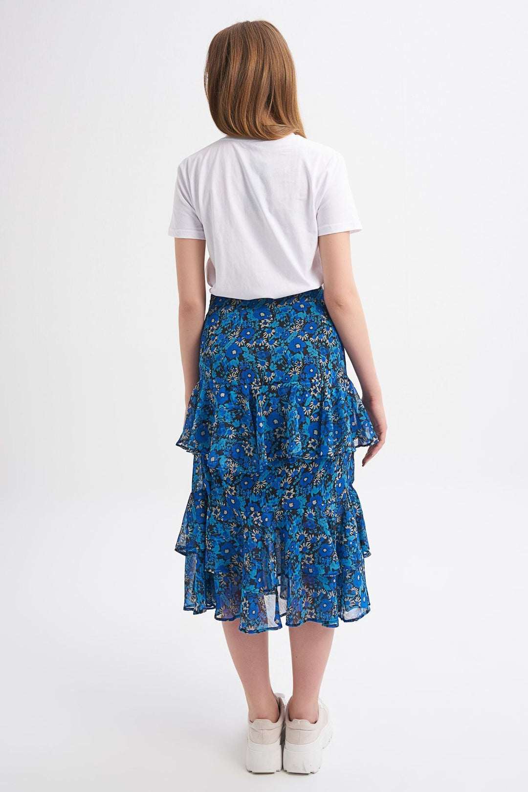 Desenli Fırfırlı Midi Etek Sax