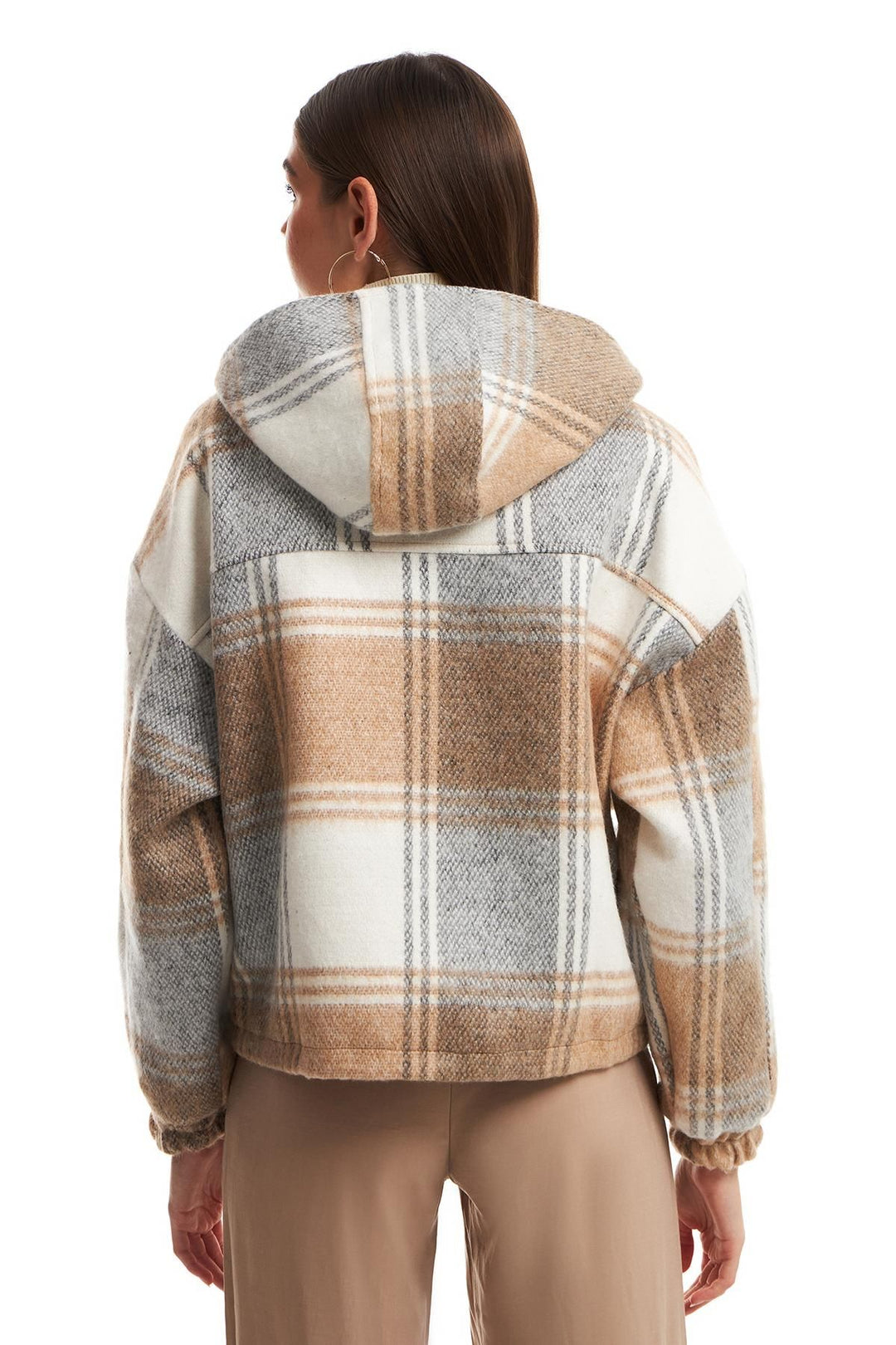 Checkered Hooded Coat Brown