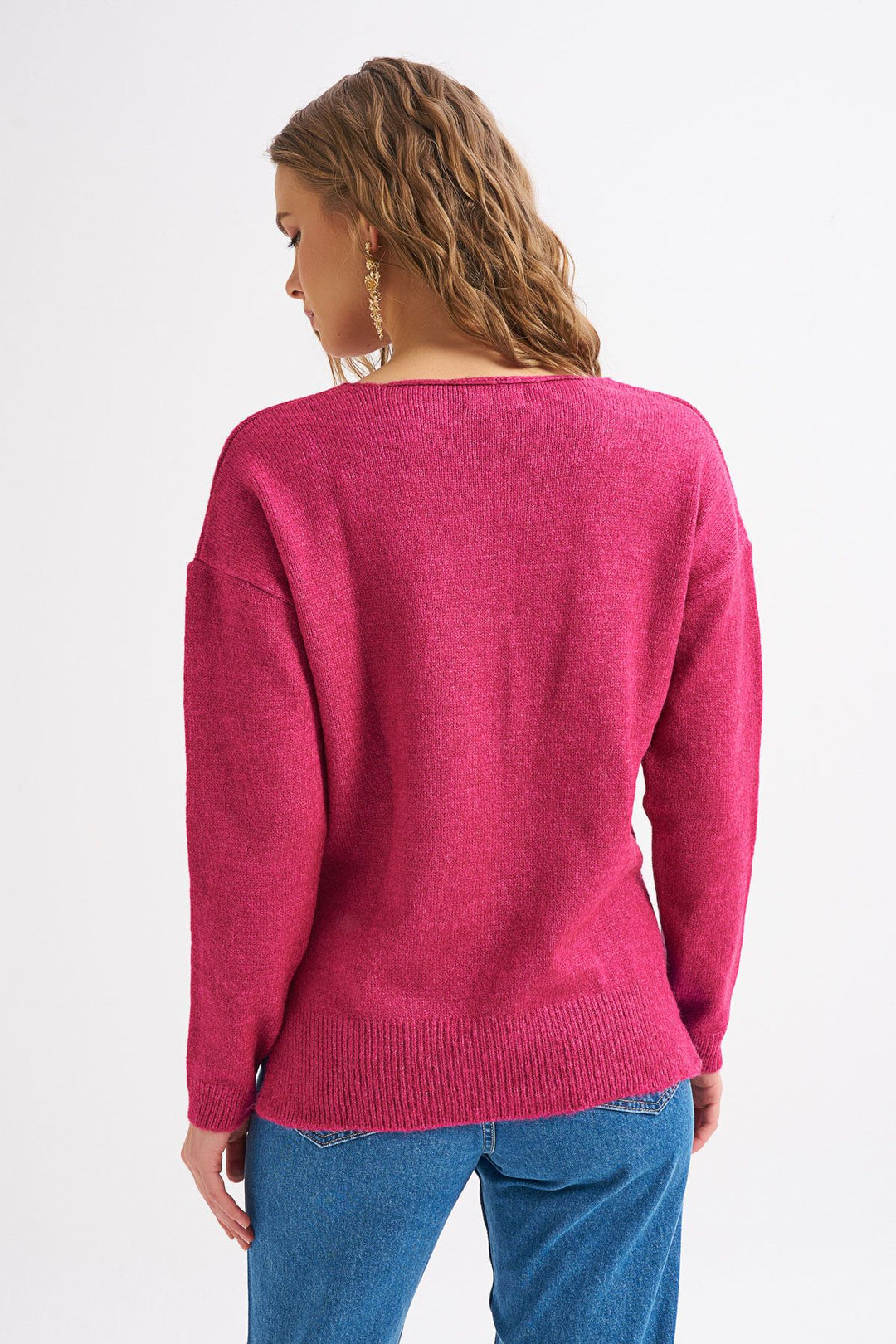 Yanları Yırtmaçlı V Yaka Kazak Fuşya