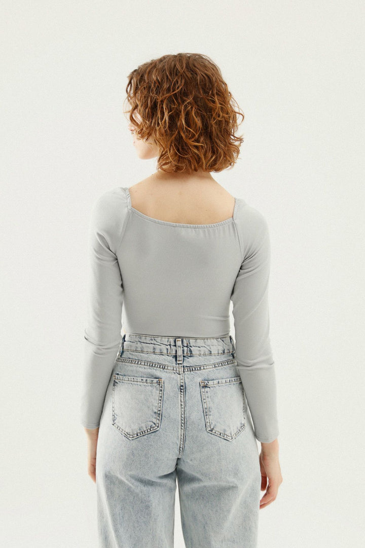 Square Neck Long Sleeve Bodysuit Gray