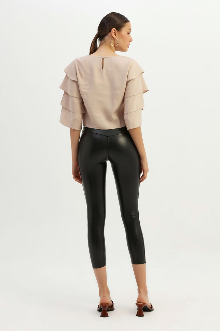 Yüksek Bel Deri Tayt Siyah