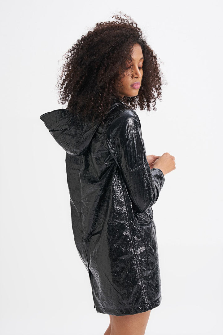 Patent Leather Hooded Raincoat Black