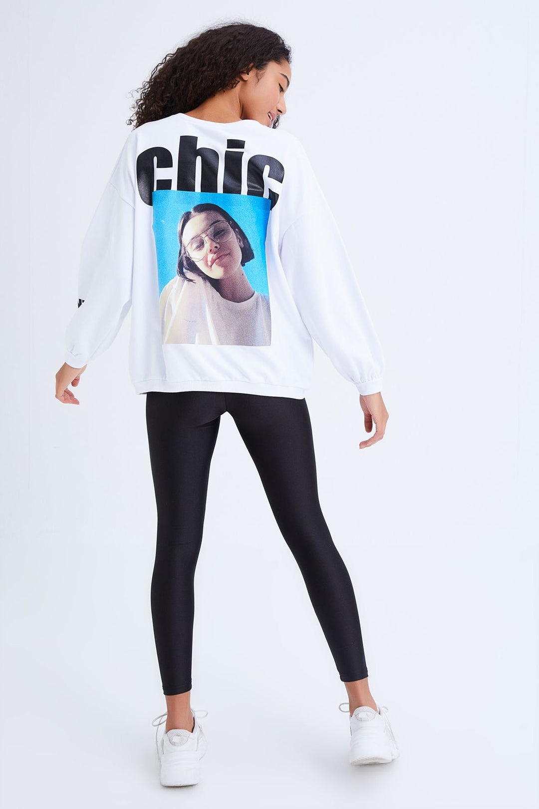 Crew Neck Oversize Printed Sweatshirt White
