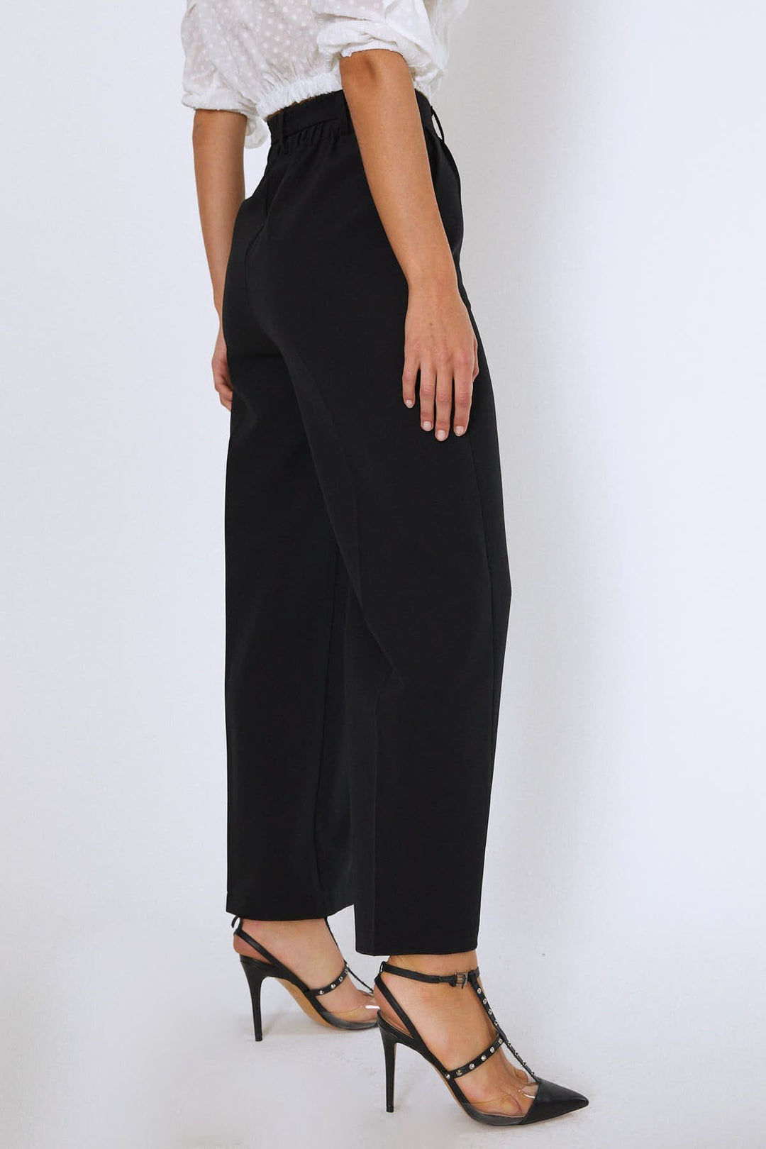 Beli Bağlamalı Geniş Paça Pantolon Siyah