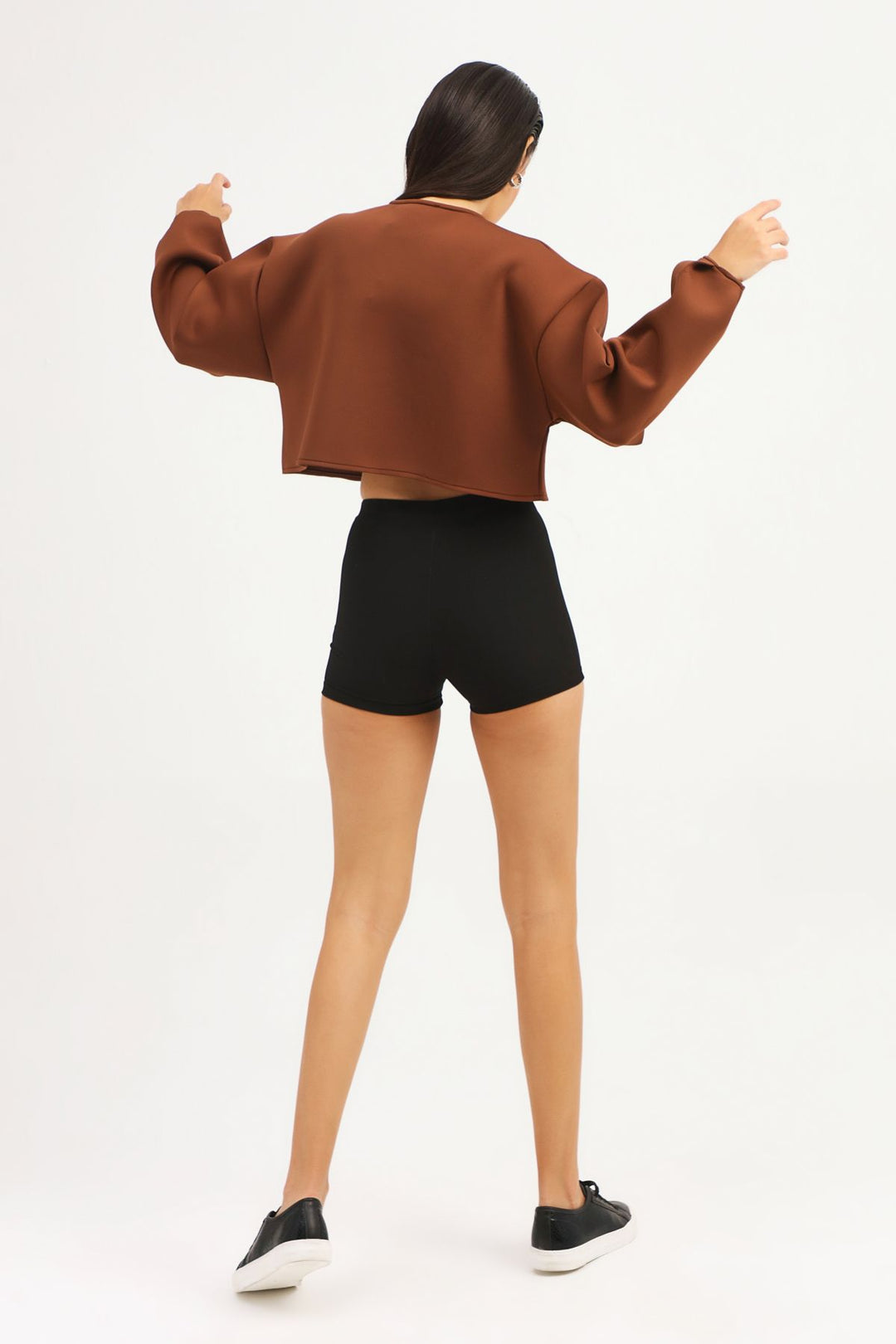 Dalgıç Kumaş Crop Sweatshirt Kahverengi