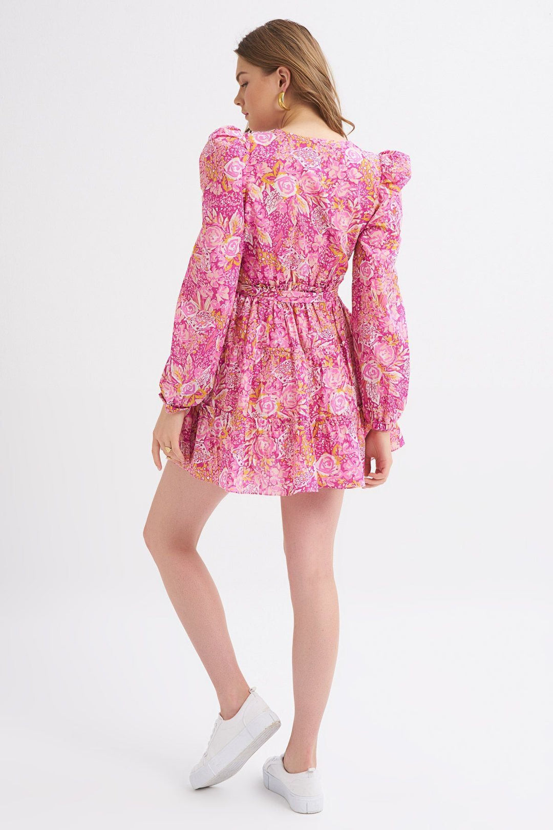 Patterned Tie Waist Double Breasted Dress Pink