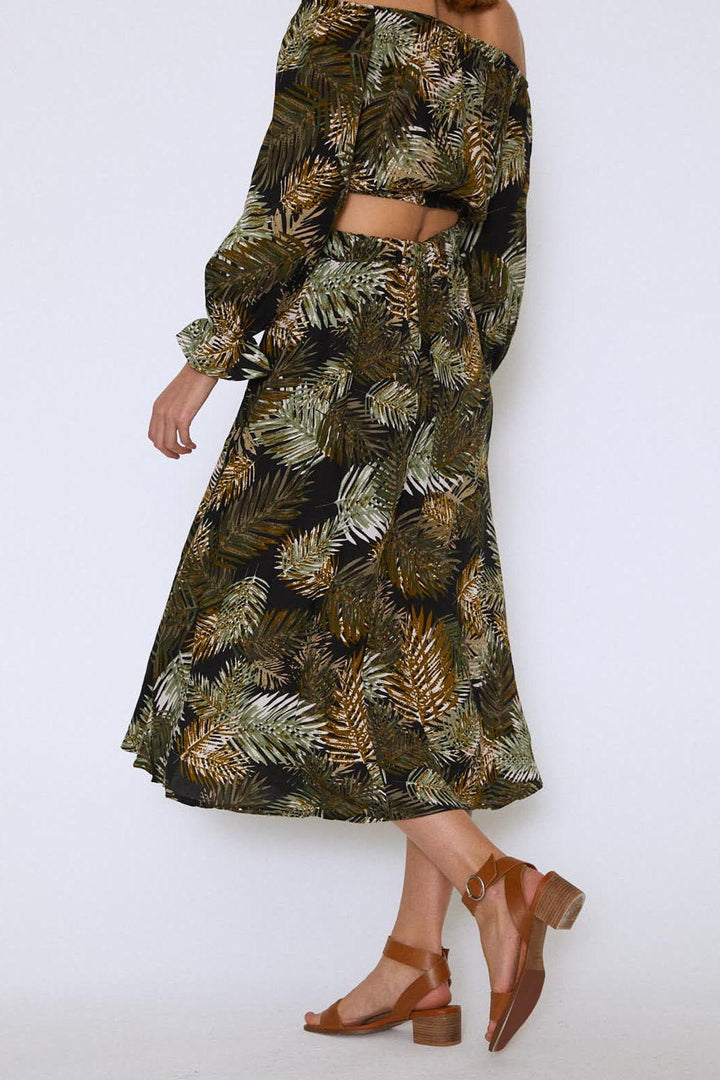 Palm Patterned Wrap Skirt Khaki