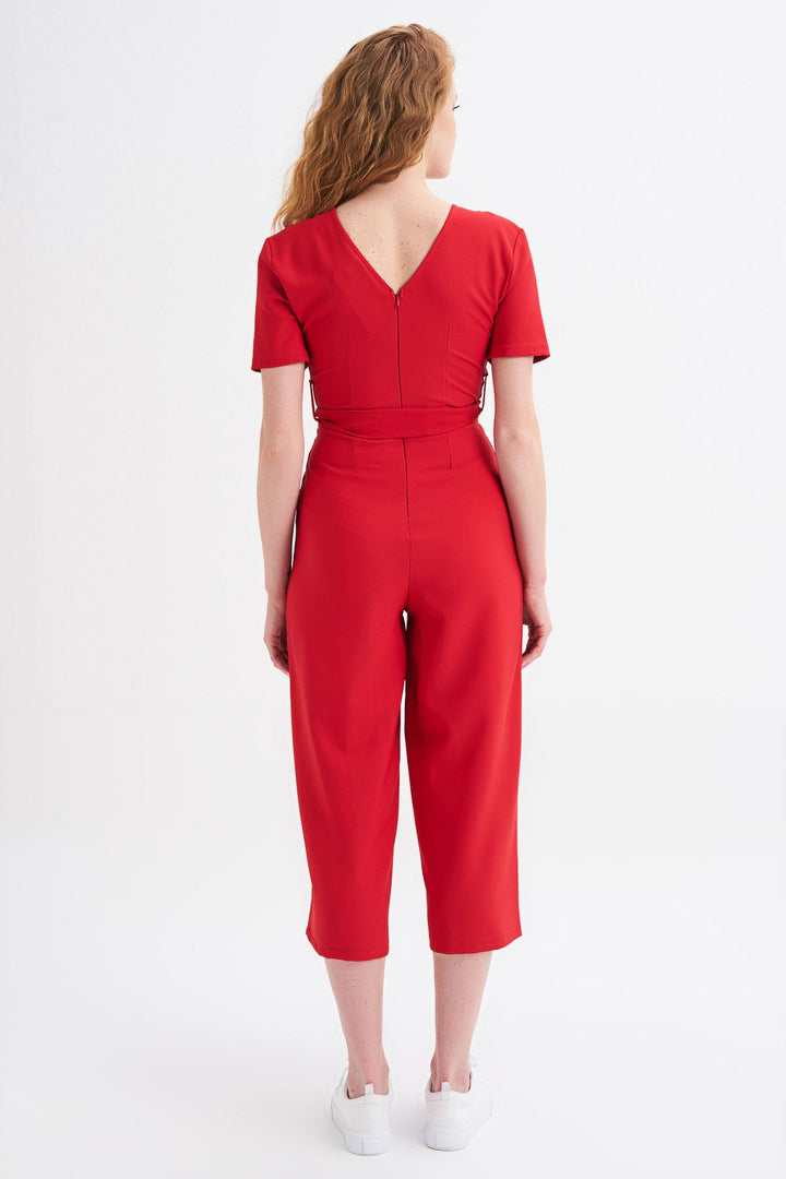 Kruvaze Beli Kuşaklı Tulum Kırmızı