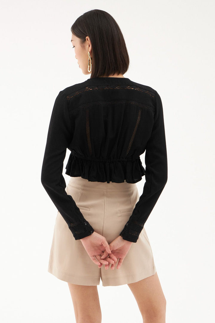 Pleated Waist V Neck Linen Blouse Black