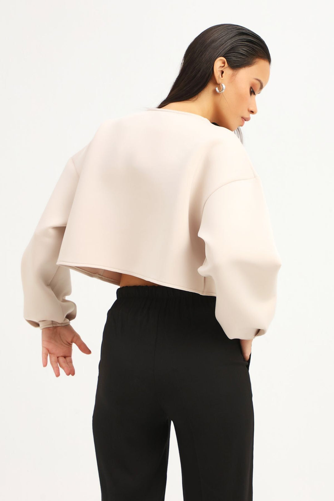 Diving Fabric Crop Sweatshirt Beige