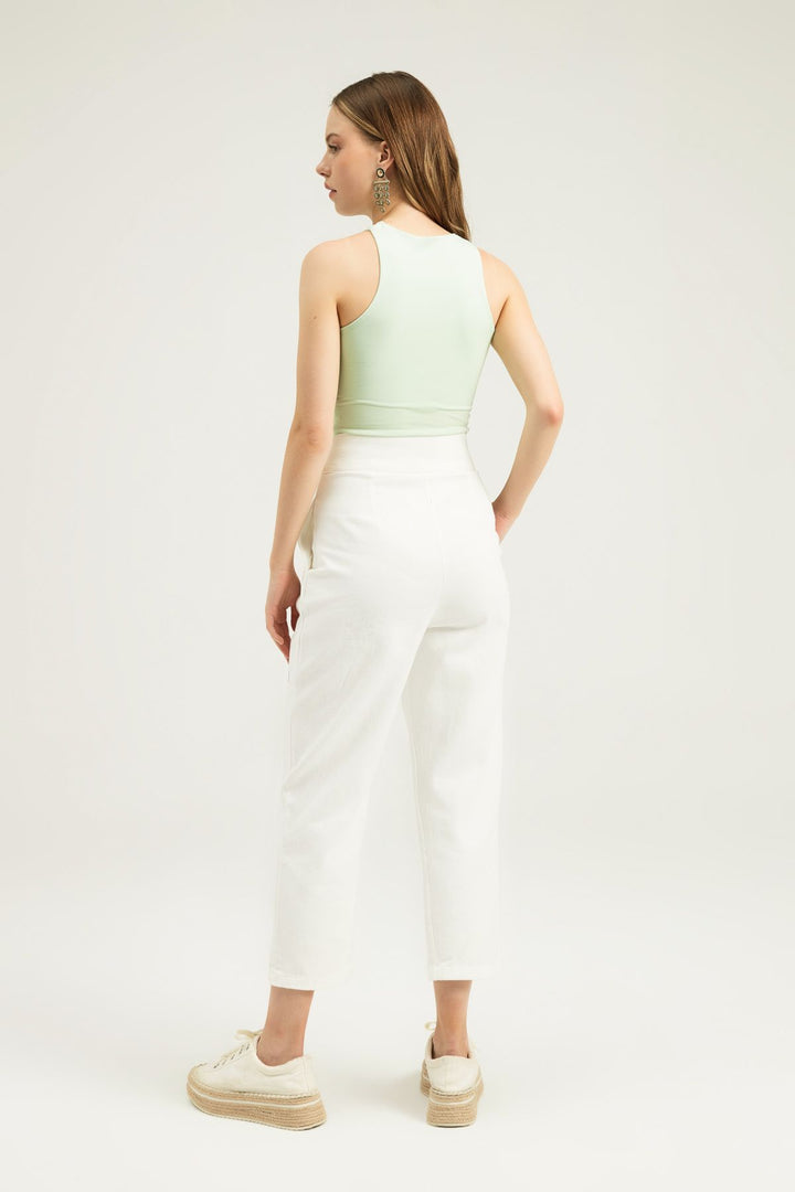 Tokalı Gabardin Yüksek Bel Pantolon Beyaz